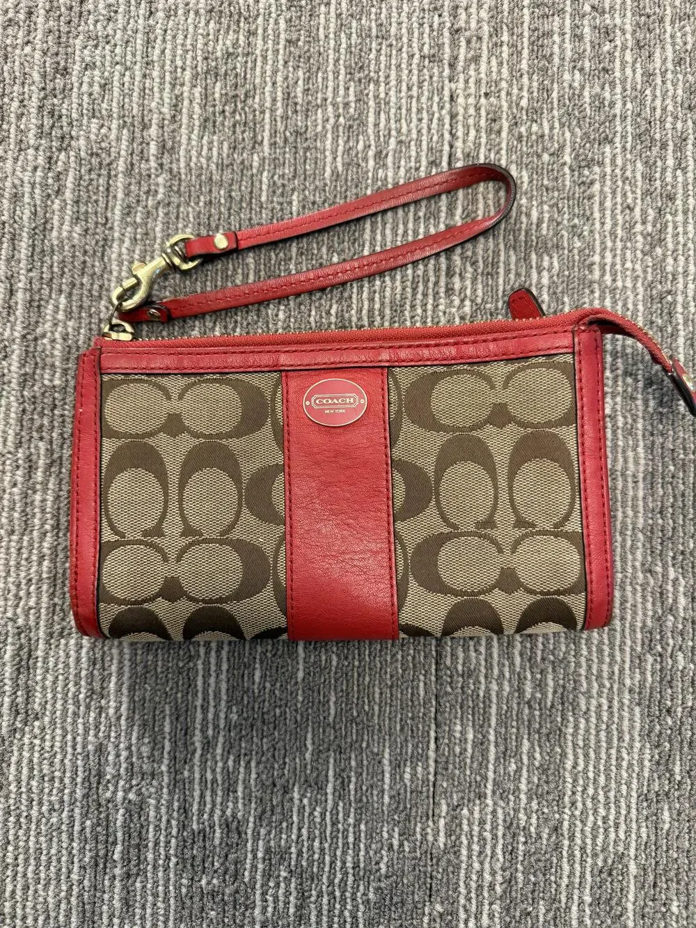 Coach Wristlet Womens One Size Brown Red Signature Canvas Leather Zip Pouch